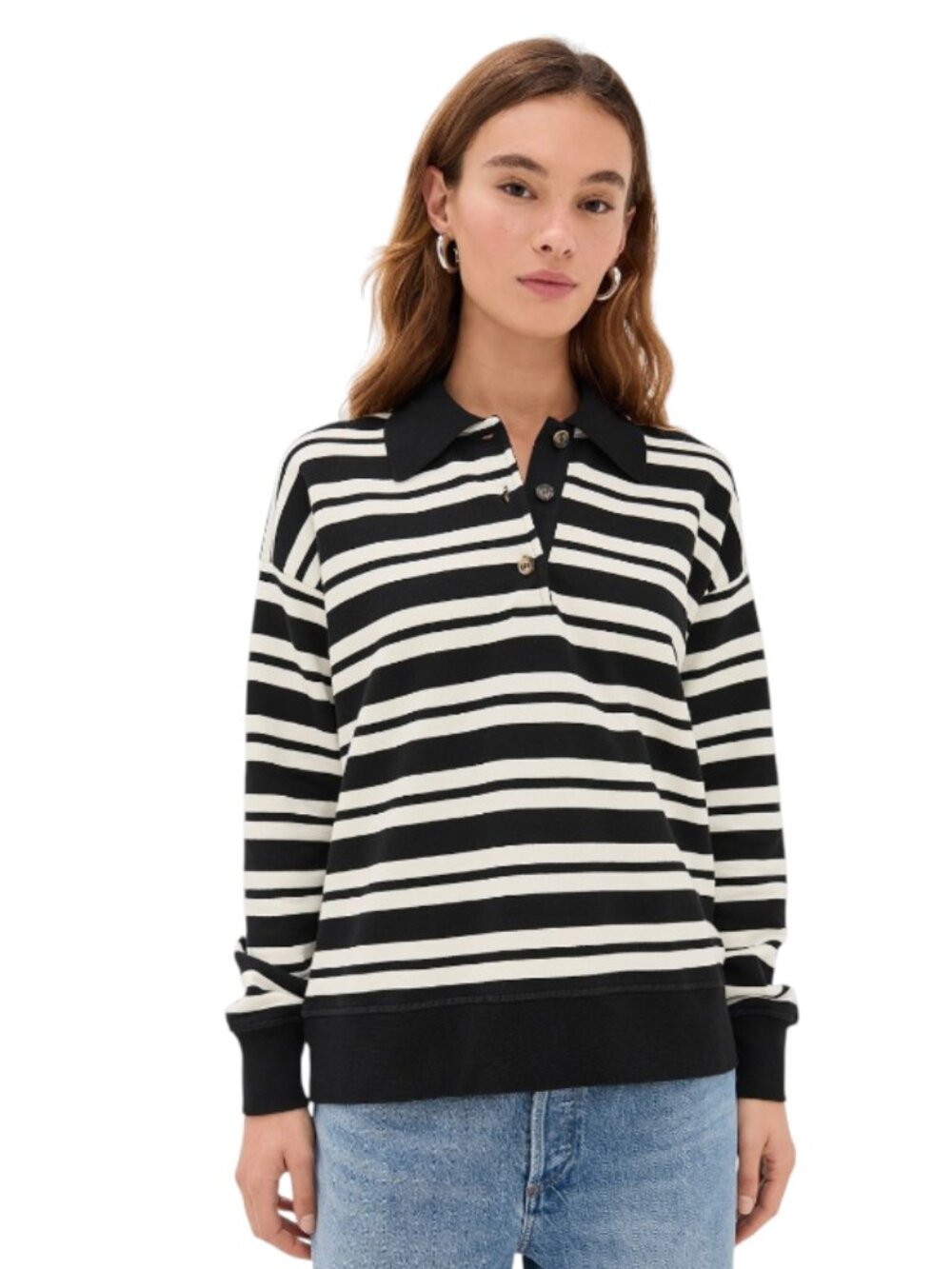 La Linge Stripe Howard Polo Shirt Top Womens XS Black White Long Sleeve Cotton